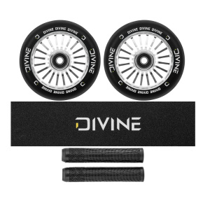 Set of 2 Divine 110 mm Turbo silver wheels + Divine griptape + Divine grips Set of 2 Divine 110 mm Turbo silver wheels + Divine griptape + Divine grips