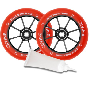 Set of 2 Divine 110 mm Spoked Wheels Red + Divine Bearing Oil Set of 2 Divine 110 mm Spoked Wheels Red + Divine Bearing Oil